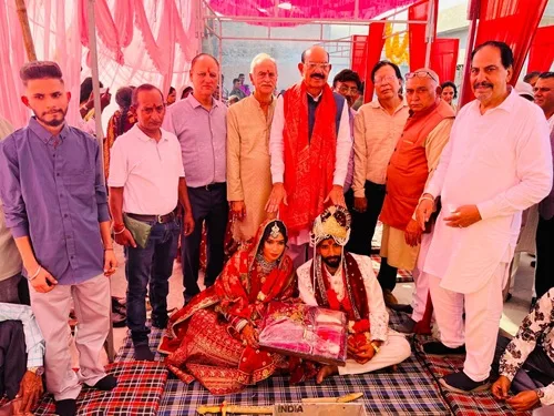 Cabinet Minister Mohinder Bhagat attended the wedding ceremony of six needy couples and blessed the newlyweds.