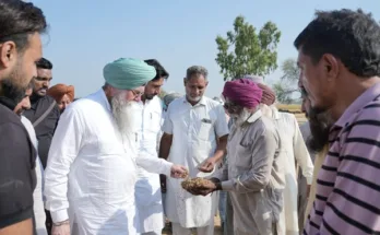Speaker Sandhwan takes stock of the damage to crops due to natural disaster in village Khara